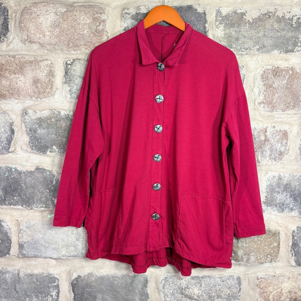 Neon Buddha Women's‎ Large Berry Red Cotton Spandex Button Front Lagenlook Top